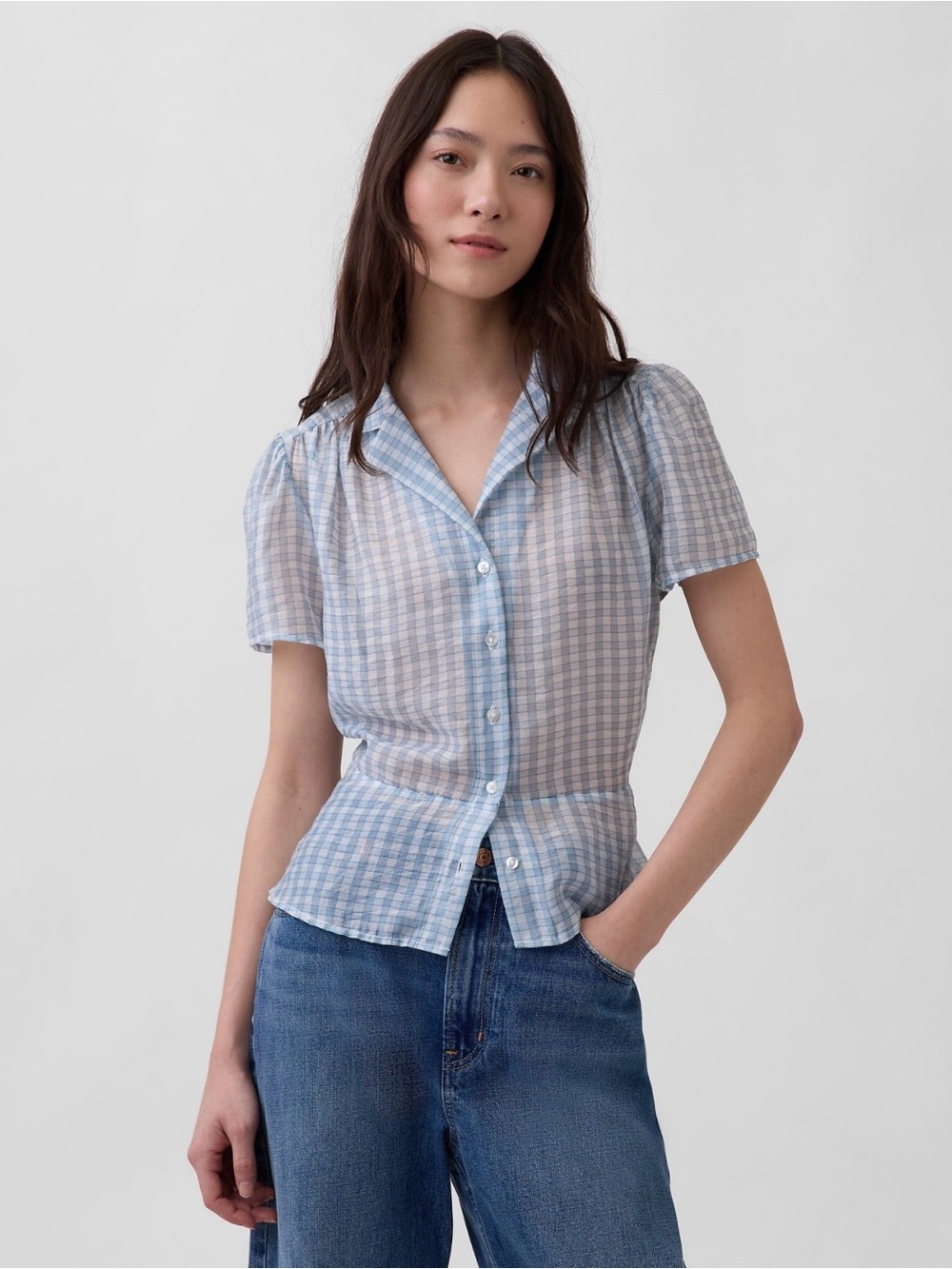 GAP Sheer Button-Front Peplum Top